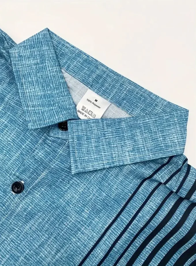 Men's High-Collar Cotton Button-Up Shirt with Striped Coconut Tree Graphic Crocheted Short Sleeves Horn Buttons Summer Vacation