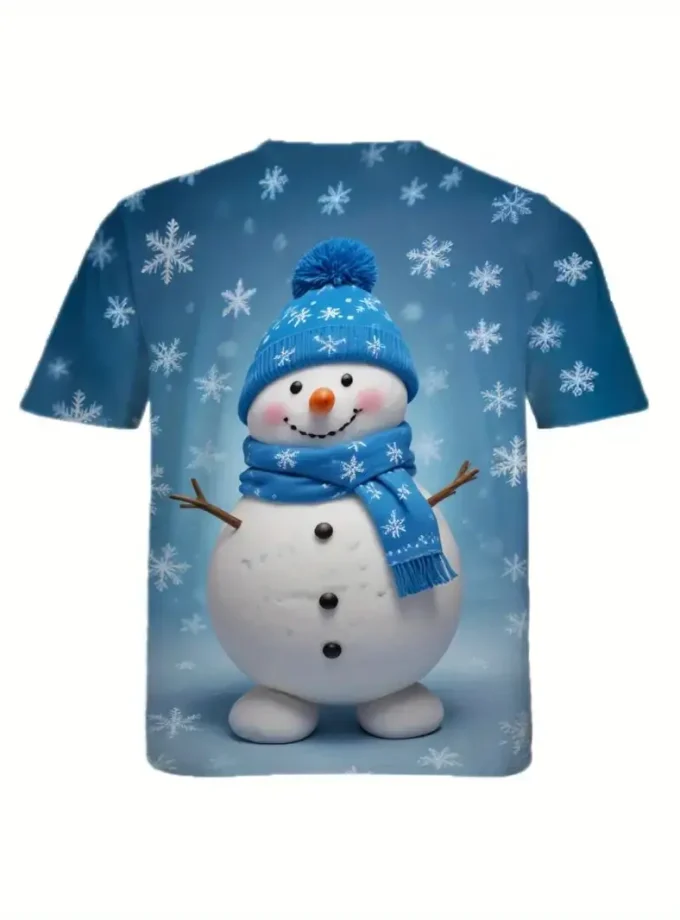 Men's Casual Christmas Snowman Print T-Shirt Summer Fashion Adult Top Regular Fit Polyester Knit Fabric Short Sleeve Neck