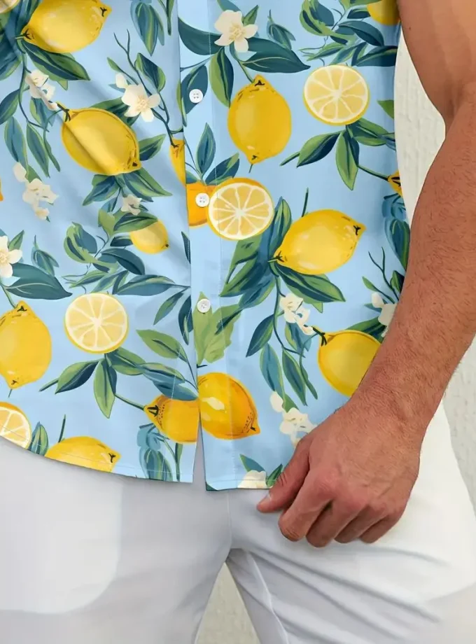 Men's Casual Shirt Vibrant Lemons Graphic Print Soft Slight Stretch Polyester Lapel Collar Short Sleeve Machine Washable Regular