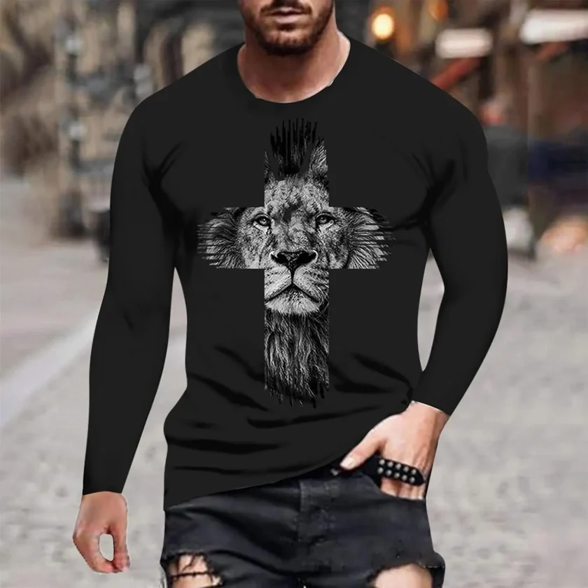 Men's Casual Fashion Vintage 3D Lion Printed Jersey Top Long Sleeve Tshirts with Funny Graphic Hip Hop Streetwear Tees