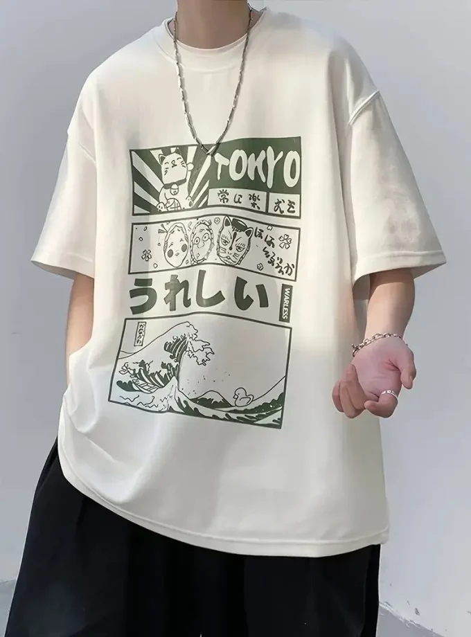 Men's 100% Cotton Loose Fit Crew Neck Cartoon Elements Short Sleeve Alphabets Patterned Slight Stretch Pullover Weekend T-Shirt