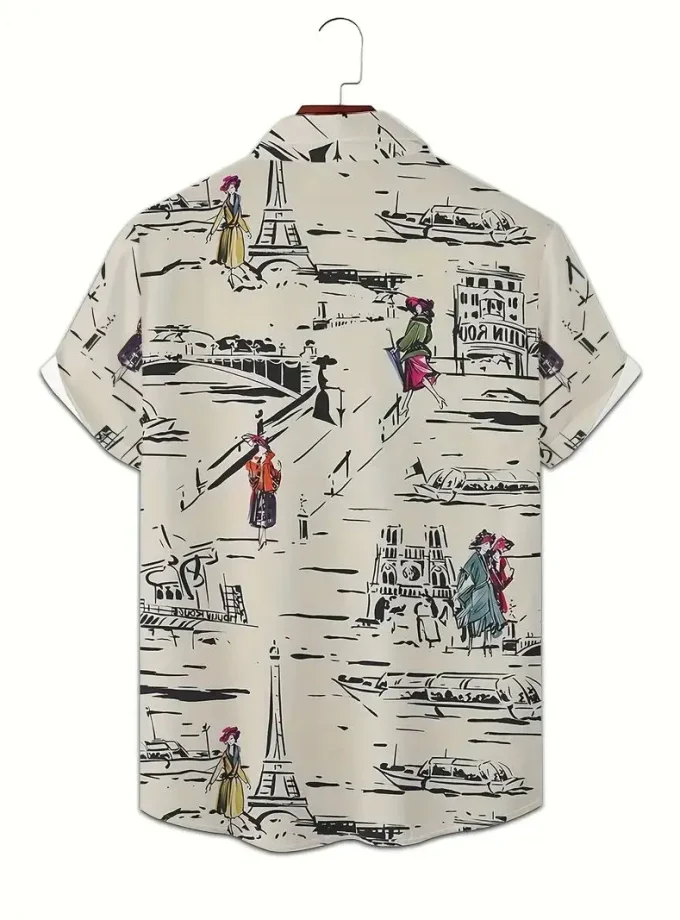 Men's Casual Paris Print Button-Down Shirt 100% Silk Polyester Slight Stretch Lapel Collar Regular Fit Novelty Woven Short