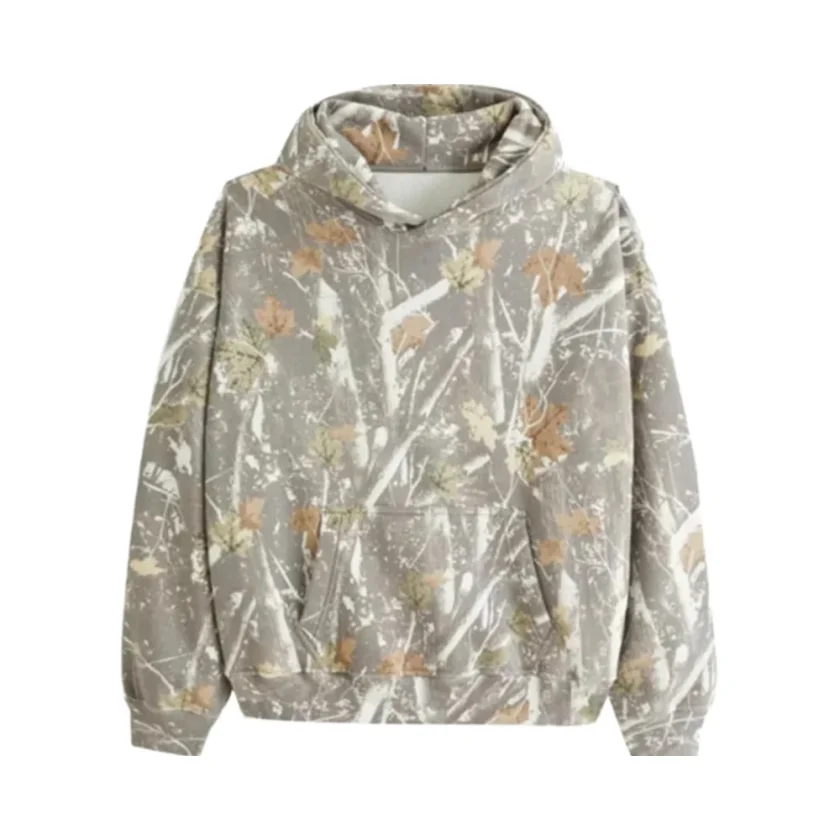 Men's Oversized Camo Hooded Pullover Sweatshirt Maple Leaf Pocket Solid Digital Technique Classic Puff Winter Season XS Size