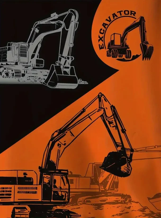 Men's Oversized Excavator Graphic Print Hoodie Long Sleeve Crocheted Sweatshirt Autumn Outdoor Activities High Color Block