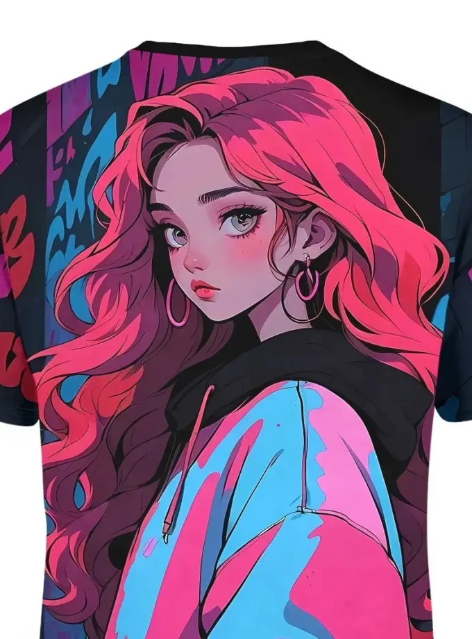 Men's Casual Summer T-Shirt 3D Printed Cool Wave Anime Girl Graphic Short Sleeve Polyester Knit Fabric Regular Fit Men's Fashion