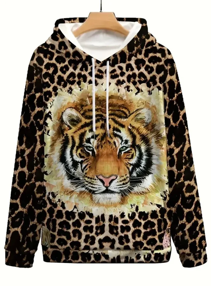 Men's Plus Size Creative Tiger Print Hoodie Soft Breathable Graphic Design Kangaroo Pocket Winter Fall Casual pullover
