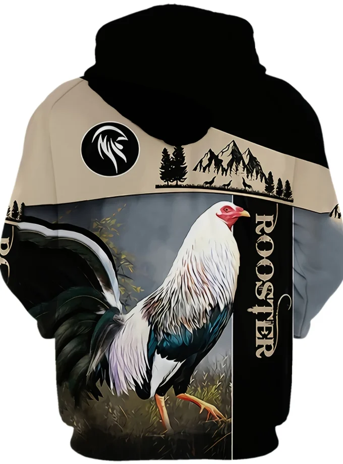 Men's Hoodie Rooster Graphic Fleece Fabric Long Sleeves Printed Pullover Hoodies with Pocket