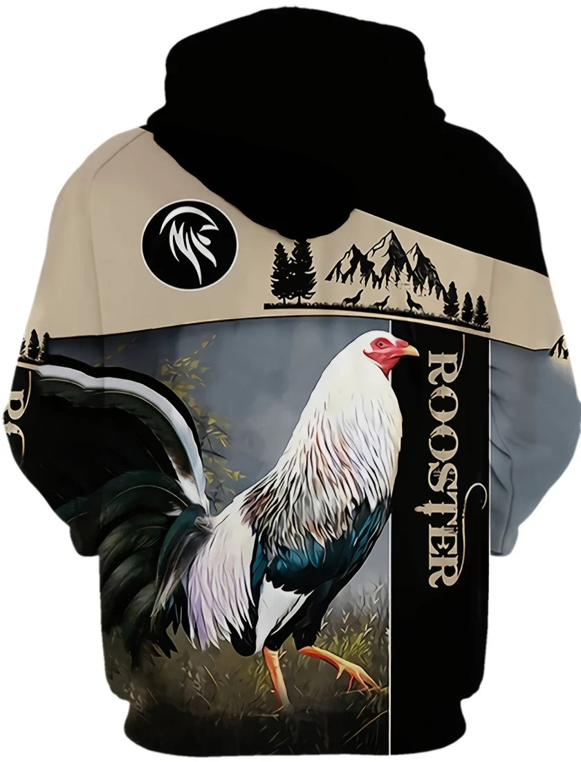 Men's Hoodie Rooster Graphic Fleece Fabric Long Sleeves Printed Pullover Hoodies with Pocket - Image 2
