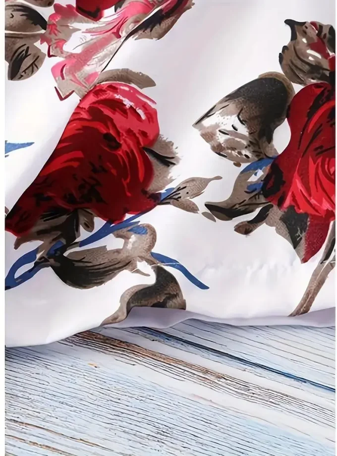 Men's Red Flower Printed Collar Shirt - Comfortable Short Sleeve, Fashionable Button Neck, Vacation Hawaiian Floral shirt