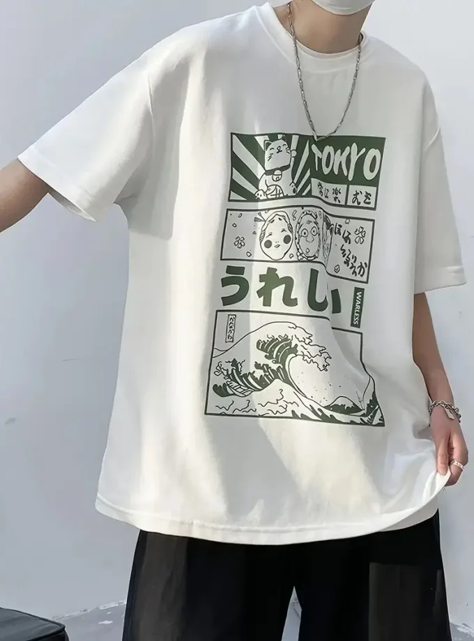 Men's 100% Cotton Loose Fit Crew Neck Cartoon Elements Short Sleeve Alphabets Patterned Slight Stretch Pullover Weekend T-Shirt