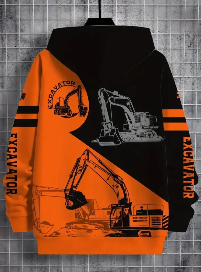 Men's Oversized Excavator Graphic Print Hoodie Long Sleeve Crocheted Sweatshirt Autumn Outdoor Activities High Color Block