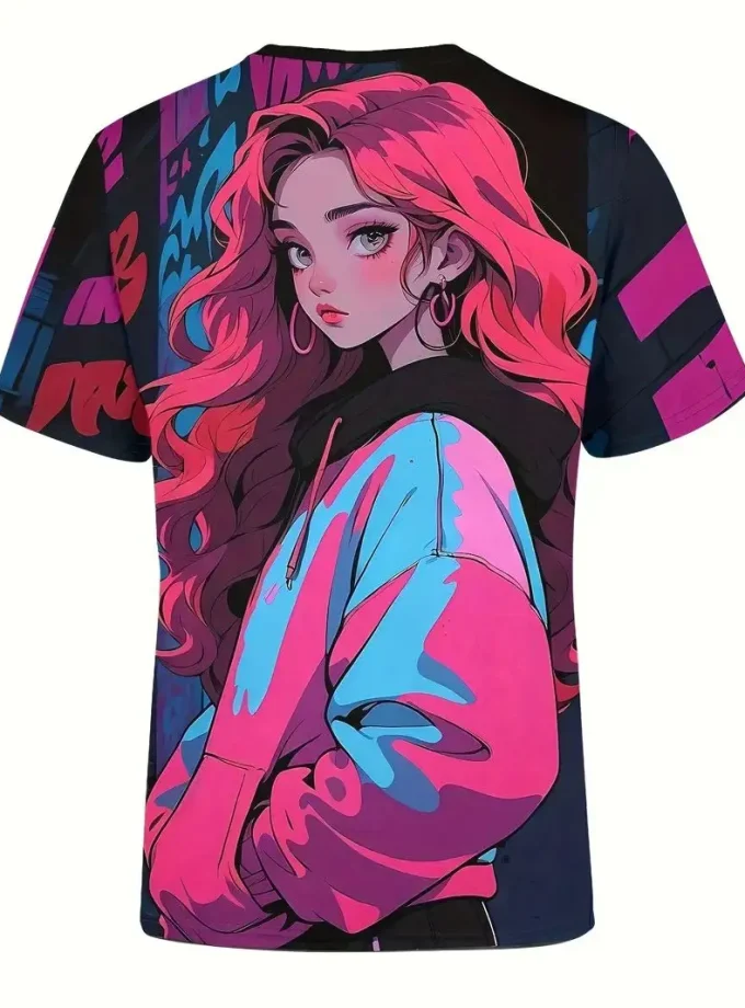 Men's Casual Summer T-Shirt 3D Printed Cool Wave Anime Girl Graphic Short Sleeve Polyester Knit Fabric Regular Fit Men's Fashion