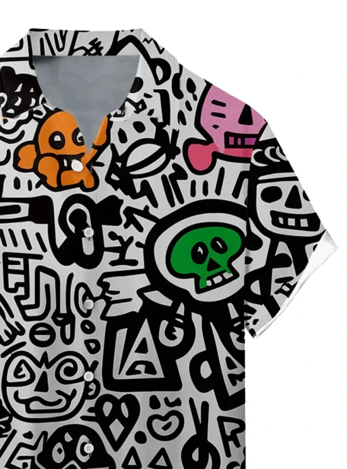 Men's Graphic Print T-Shirt Vibrant Graffiti Pattern Loose Fit Short Sleeve Button-Down Collar Slight Stretch Woven