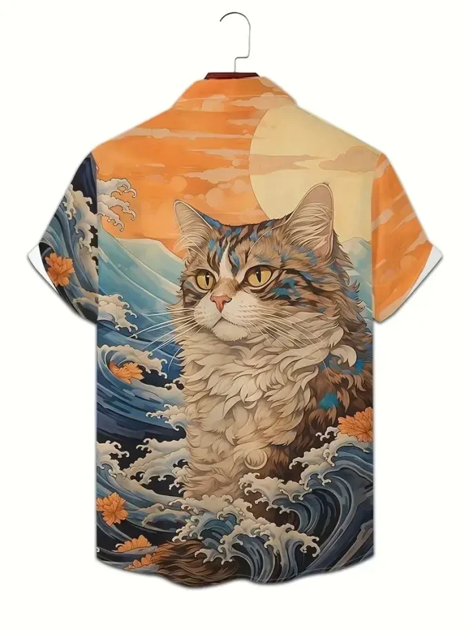 Men's Casual polyester Short Sleeve Lapel Shirt 3D Cat Pattern Printed Button up for Daily Use or Vacation at Beach Resorts