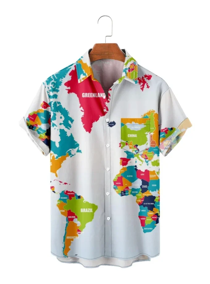 Men's Shirt 3 D Digital Print Africa Map Vivid Short Sleeve Casual Shirts For Men