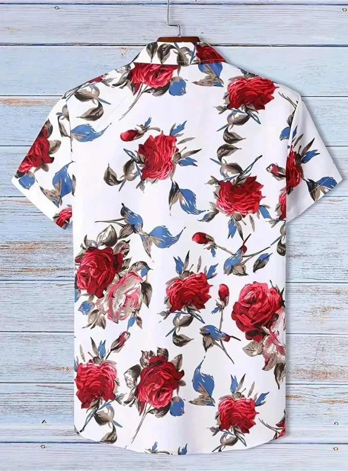 Men's Red Flower Printed Collar Shirt - Comfortable Short Sleeve, Fashionable Button Neck, Vacation Hawaiian Floral shirt