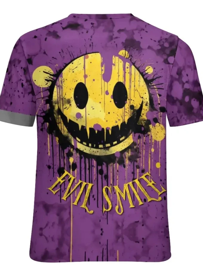 Men's Casual 3D printed Graffiti Smile Graphic T-Shirt Stretch Breathable V-Neck Tee with Short Sleeves for Outdoor Use