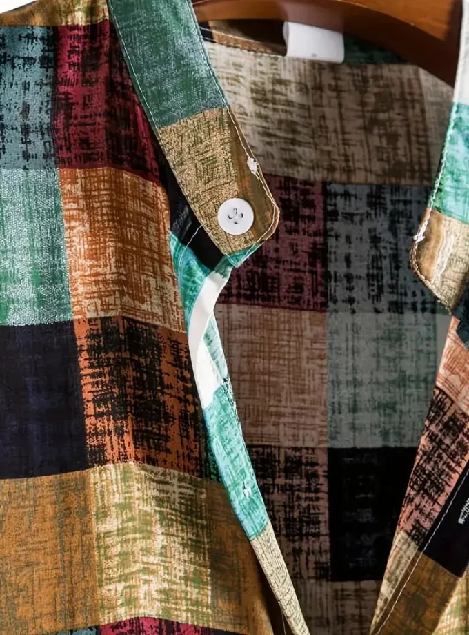 Men's Casual Plaid Shirt Short-Sleeve Cotton Top with Turn-Down Collar Breathable Sustainable Daily Wear Vacation Streetstyle