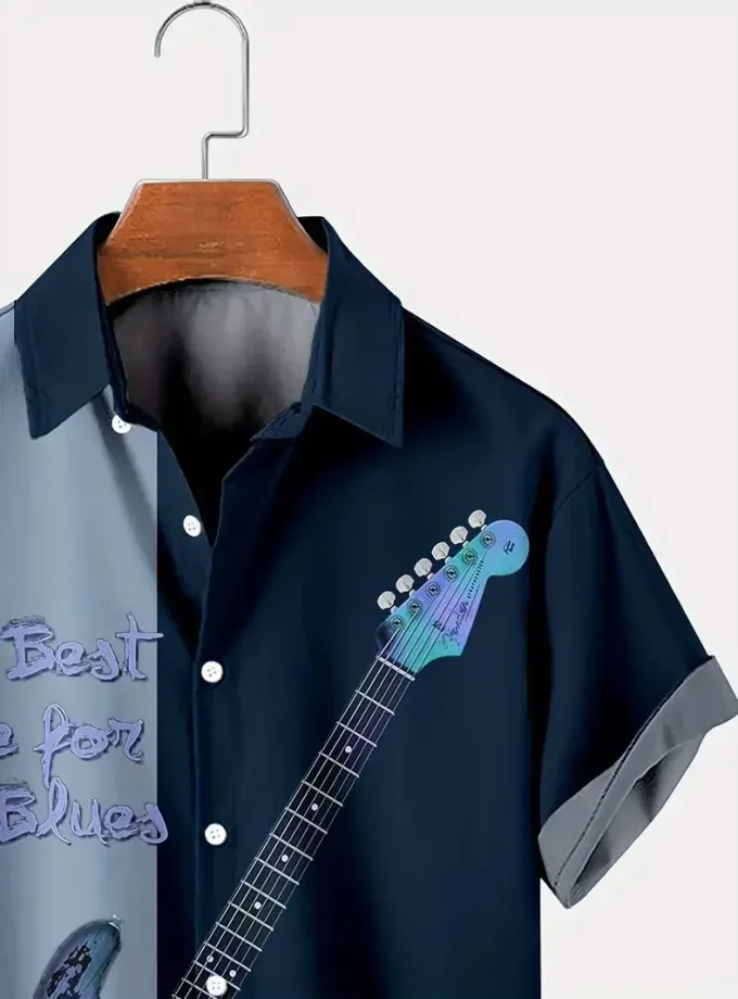 Men's Plus Size Casual Cool Guitar Note Musical Instrument Print Shirt Comfortable Floral Tee Breathable Fashion Cool Guys