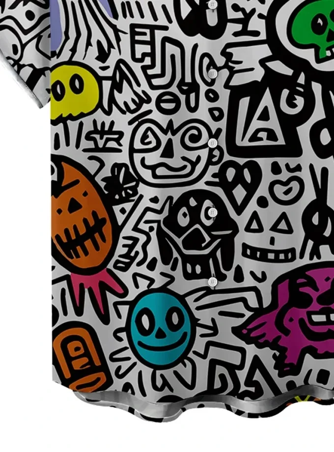 Men's Graphic Print T-Shirt Vibrant Graffiti Pattern Loose Fit Short Sleeve Button-Down Collar Slight Stretch Woven