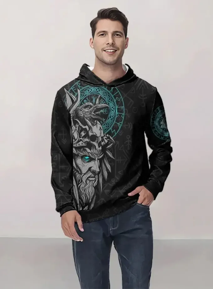 Men's Norse Elder Bull Head Graphic Sweatshirt 100% Polyester Crew Neck Slight Stretch Fleece Knit Regular Fit Spring/ Fall