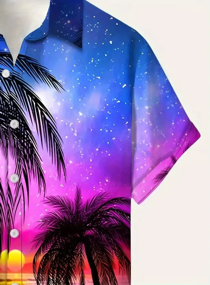 Men's Casual Summer Button-Down Shirt 3D Sunset Beach Floral Print Breathable Sustainable Short Sleeve Lapel Design for Vacation