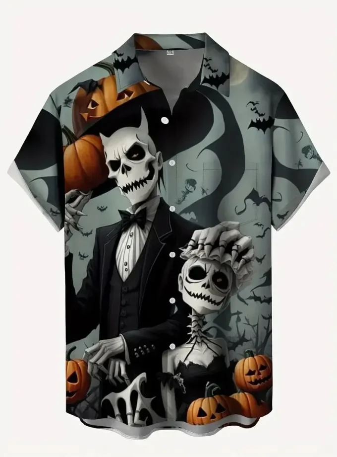 Men's Plus Size Casual Short Sleeve Button-Up Collar Shirt 3D Skull Print Crocheted Breathable Polyester Halloween shirt