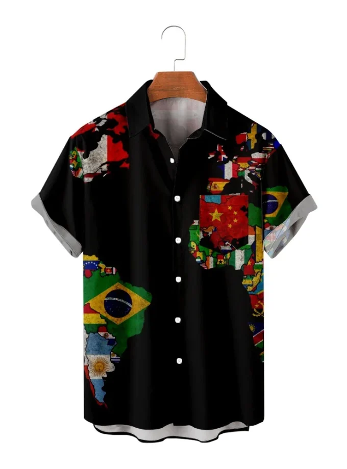 Men's Button Shirt 3 D Digital Print Africa Map Vivid Short Sleeve Casual Shirts For Men