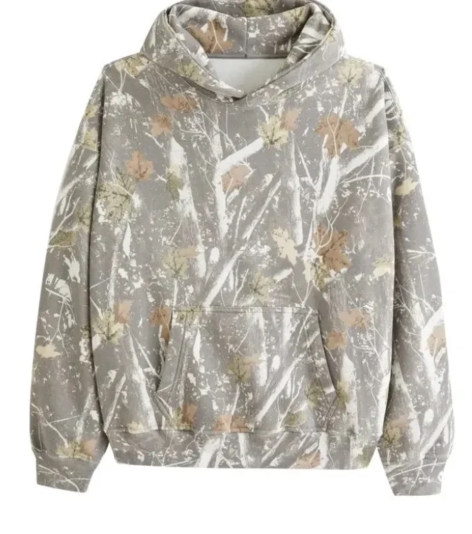 Men's Puffer Long Sleeve Hoodie 3-D Printed Maple Leaf Camouflage Loose Knitted Pullover Coat