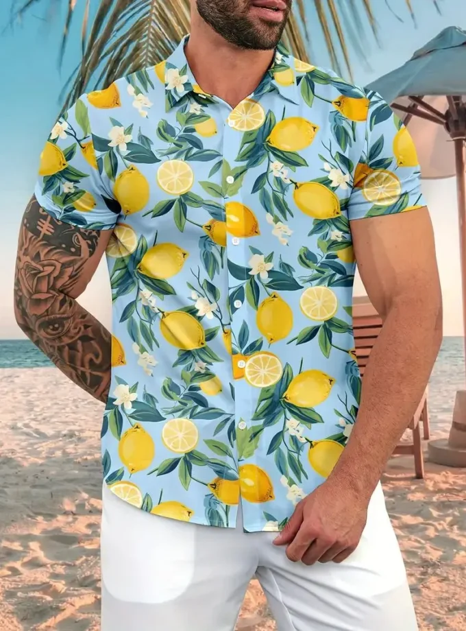 Men's Casual Shirt Vibrant Lemons Graphic Print Soft Slight Stretch Polyester Lapel Collar Short Sleeve Machine Washable Regular