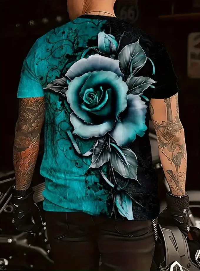 Men's 3D Digital Rose Pattern Short Sleeve T-Shirt Breathable Stylish Polyester Top Crew Neck Weekend Casual Summer Wear-Regular