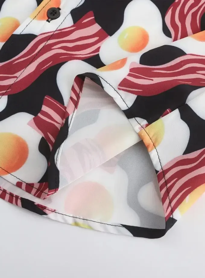 Men's Creative Button-Up Short Sleeve Shirt with Egg Bacon 3D Print Breathable Sustainable Fashion for Summer Holiday Parties