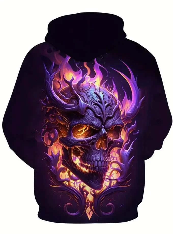 Men's Oversized Skull Print Hooded Sweatshirt Breathable Crocheted Long Sleeve Kangaroo Pocket High Puff Casual Outdoor Wear