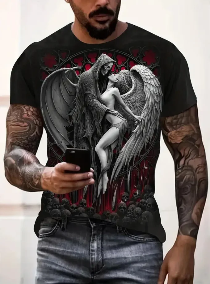 Men's T-Shirts 3D Digital Skeleton Pattern Print V-Neck Pullover Tops Comfortable Short Sleeves