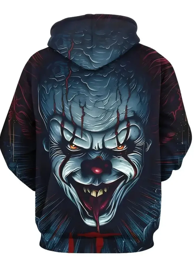 Men's Machine Washable Pullover Hoodie 3D Horror Clown Print Street Style Polyester Fleece Autumn Season Kangaroo Pocket Hood