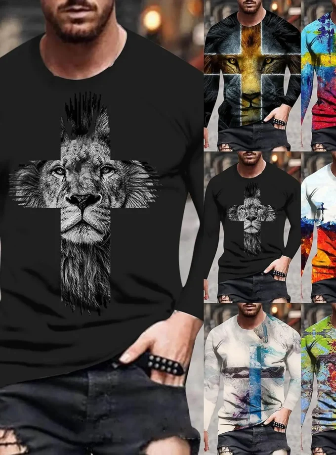 Men's Casual Fashion Vintage 3D Lion Printed Jersey Top Long Sleeve Tshirts with Funny Graphic Hip Hop Streetwear Tees