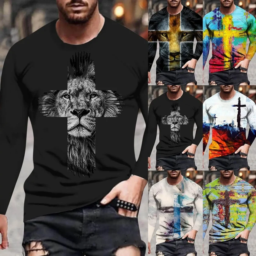 Men's Casual Fashion Vintage 3D Lion Printed Jersey Top Long Sleeve Tshirts with Funny Graphic Hip Hop Streetwear Tees - Image 4