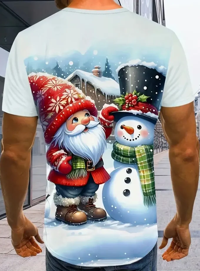 Men's Casual Short Sleeve V-Neck T-Shirt Snowman Graphic Print Knitted Clothing for Summer Outdoor Blank Design