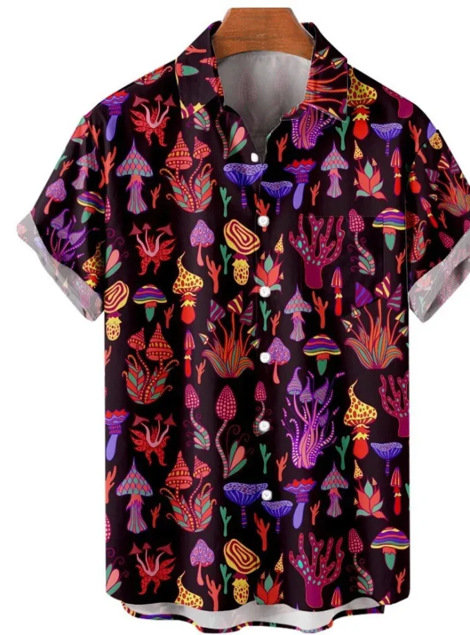 Men's Linen Button down Shirt Oversize Casual Mushroom Pattern Crocheted Fashion Breathable-Digital Printing