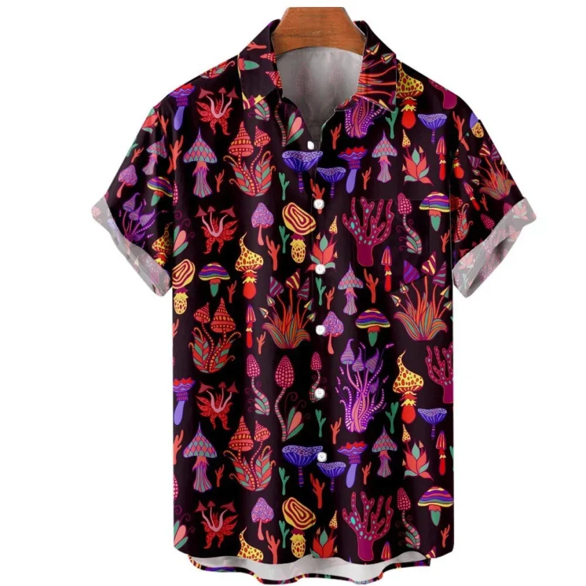 Men's Linen Button down Shirt Oversize Casual Mushroom Pattern Crocheted Fashion Breathable-Digital Printing - Image 4