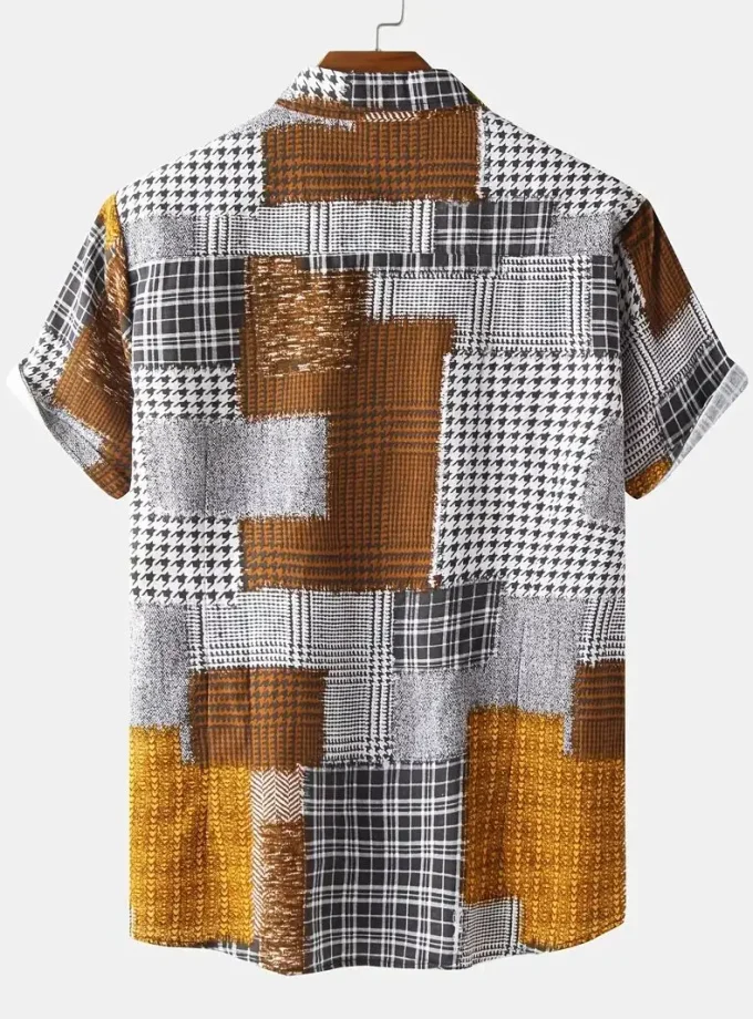 Men's Loose Fit Casual Button-Down Shirts Best Sellers with Floral Patchwork Print Sustainable Breathable Short Sleeve Design