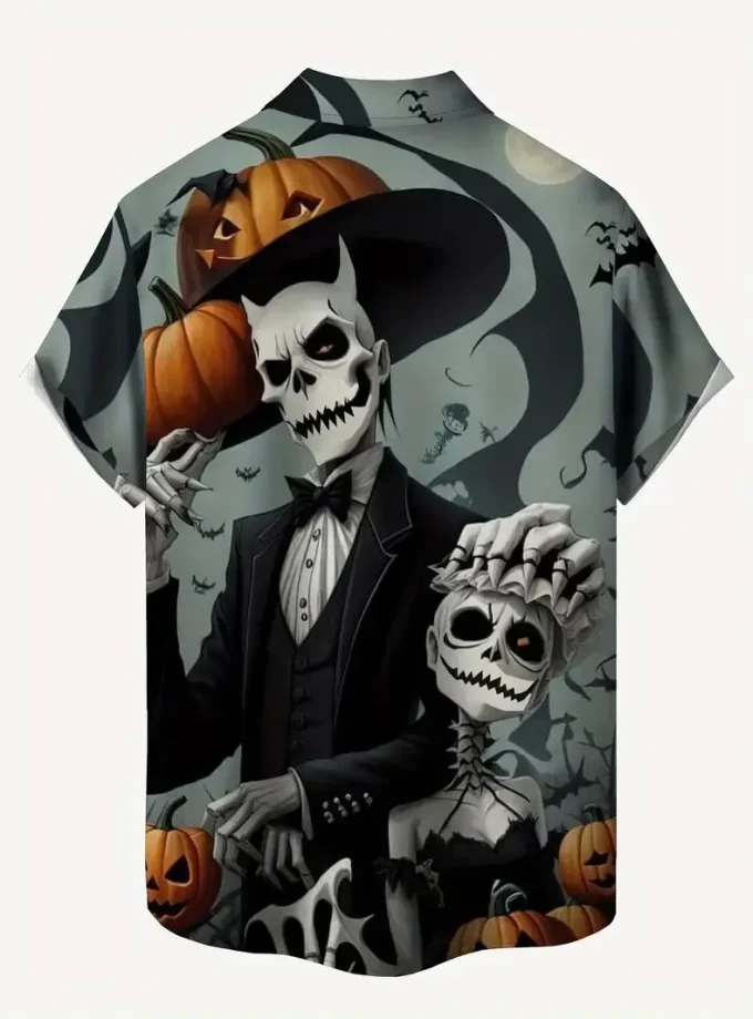 Men's Plus Size Casual Short Sleeve Button-Up Collar Shirt 3D Skull Print Crocheted Breathable Polyester Halloween shirt