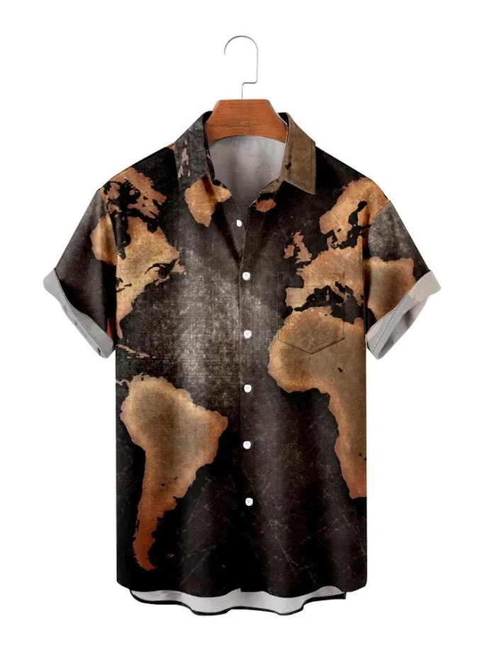 Men's Button-Down Casual T-Shirt with 3D Digital Print Africa Map Breathable High Quality O-Neck Shirt