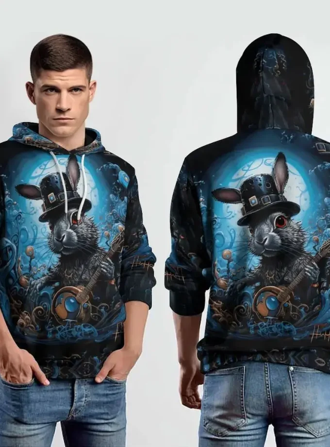 Men's Long Sleeve 3D Gray Rabbit Pattern Print Hoodie Soft Breathable Comfortable Sweatshirt Kangaroo Pocket Outdoor Sports