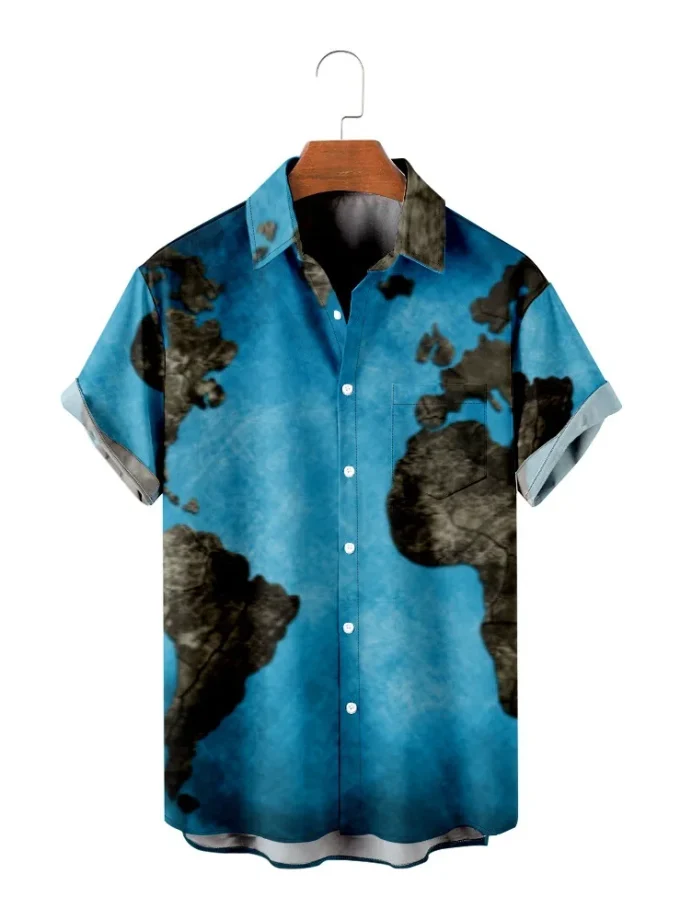 Men's Button-Down Casual T-Shirt with 3D Digital Print Africa Map Breathable High Quality O-Neck Shirt