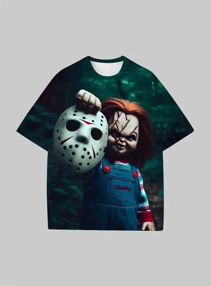 Men's Casual Halloween Style T-Shirt with 3D Printed Horror Doll and Mask Design Short Sleeve O-Neck Digital Printing Method