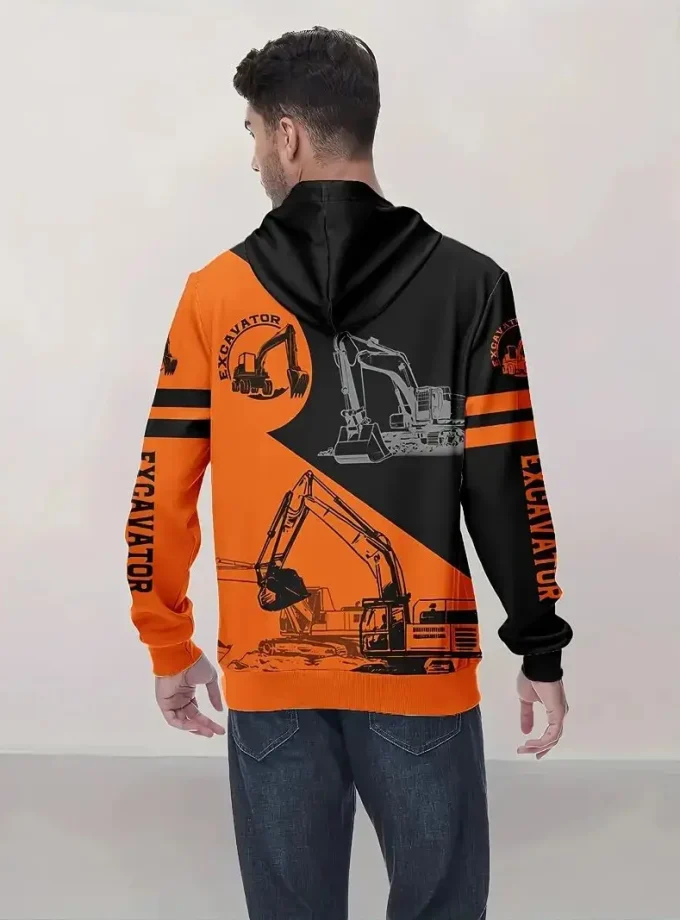 Men's Oversized Excavator Graphic Print Hoodie Long Sleeve Crocheted Sweatshirt Autumn Outdoor Activities High Color Block