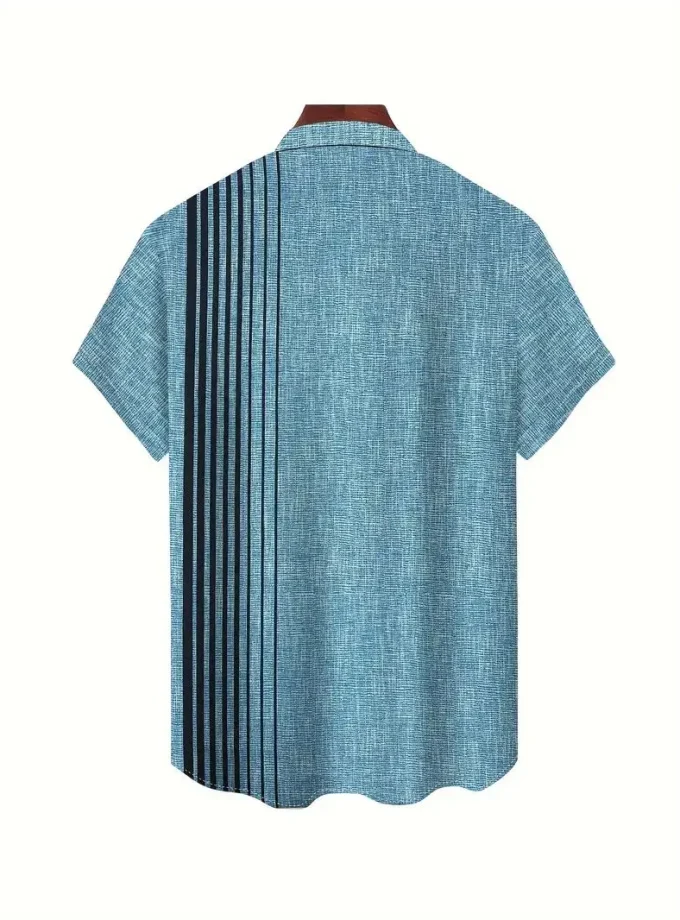 Men's High-Collar Cotton Button-Up Shirt with Striped Coconut Tree Graphic Crocheted Short Sleeves Horn Buttons Summer Vacation