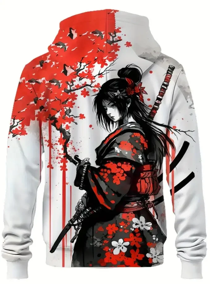 Men's Japanese Samurai Cherry Blossom Kimono-Style Hoodie Ink Print Design 100% Polyester Sports Sweatshirt Pocket Regular Fit