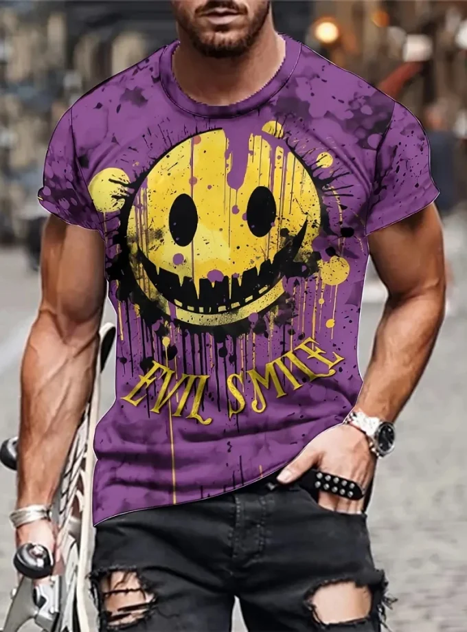 Men's Casual 3D printed Graffiti Smile Graphic T-Shirt Stretch Breathable V-Neck Tee with Short Sleeves for Outdoor Use